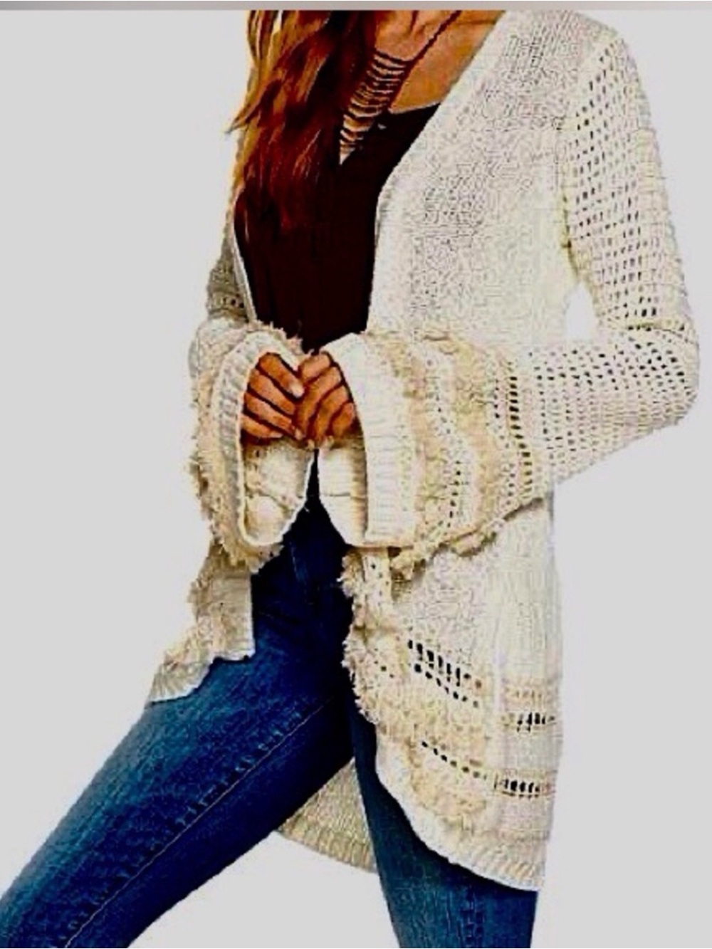 CHASER boho cream fringe sweater cardigan